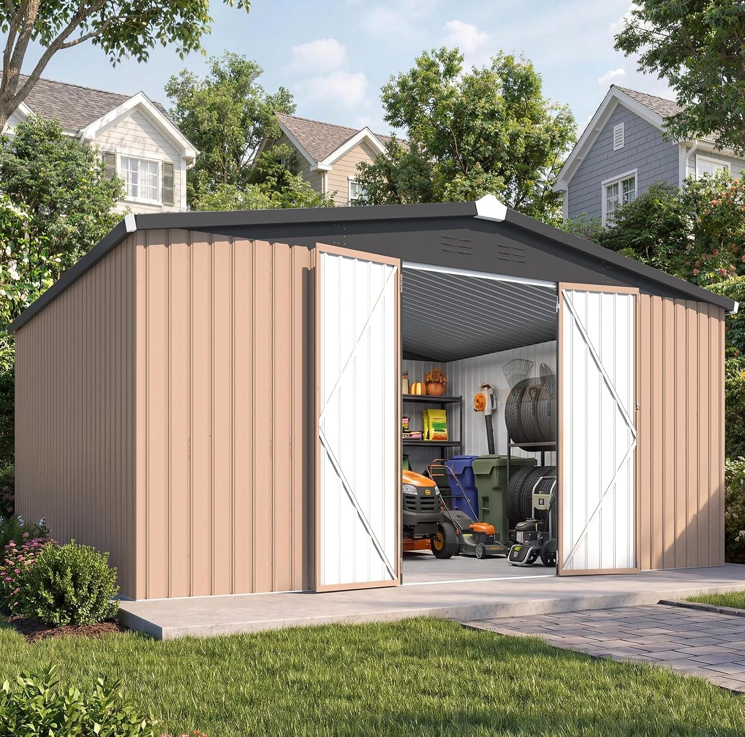 12x14 Metal Outdoor Storage Shed, Waterproof Heavy Duty Lockable Double Doors 12x14 Metal Outdoor Storage Shed, Waterproof Heavy Duty Lockable Double Doors