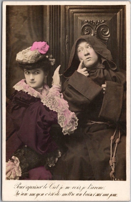 c1910s French Tinted Photo RPPC Postcard Pretty Lady & Monk \
