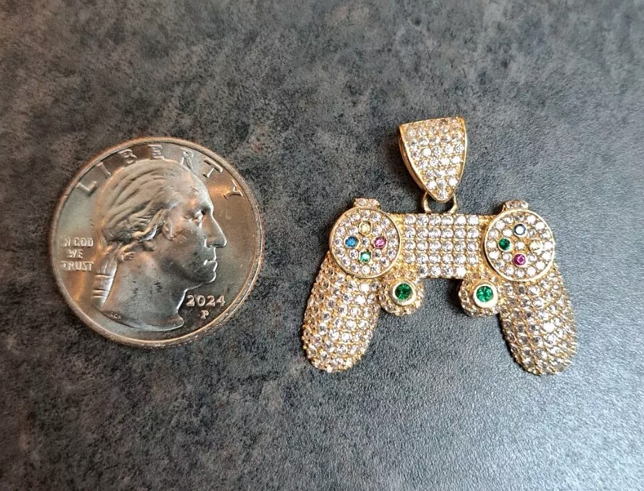 14k Authentic Yellow Gold Gaming Controller Pendant/Charm w/ Cubic Zirconia