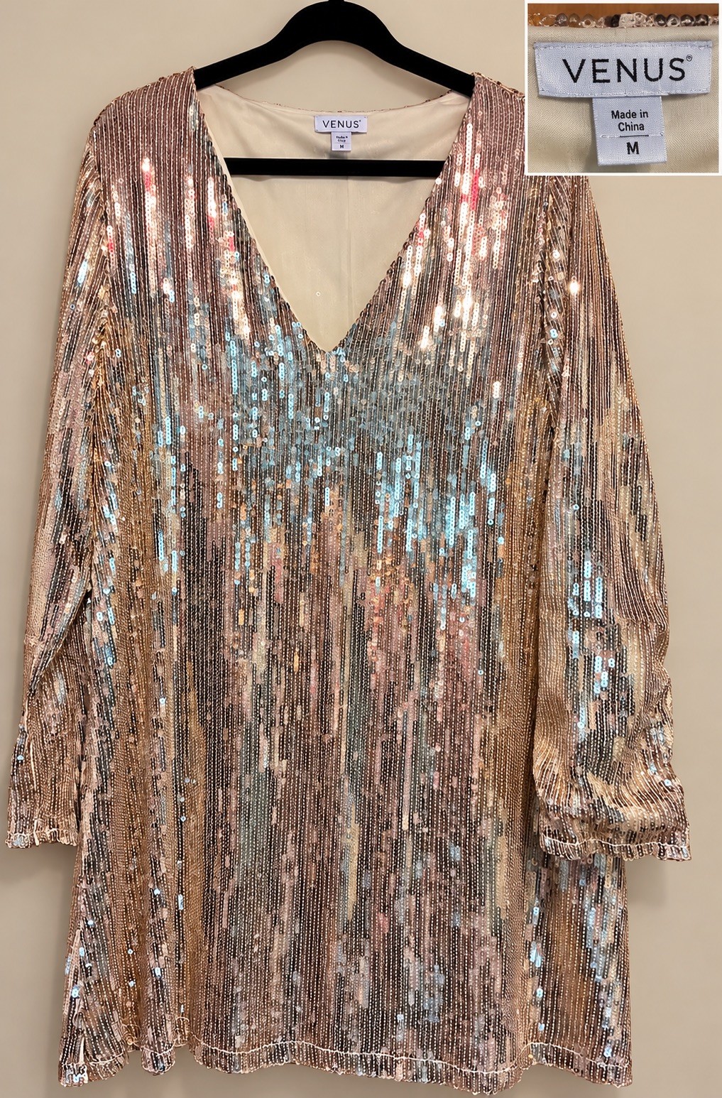 VENUS Women’s Sequin V-Neck Dress Medium Champagne Gold Long Sleeve Lined NWOT