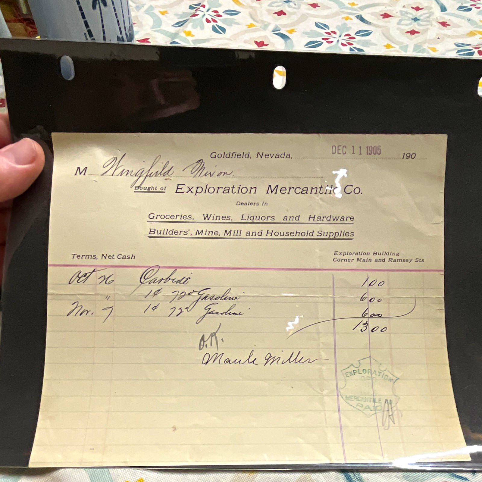 1905 Exploration Mercantile Co. Receipt Goldfield, Nevada Dec 11 Signed 1905 Exploration Mercantile Co. Receipt Goldfield, Nevada Dec 11 Signed