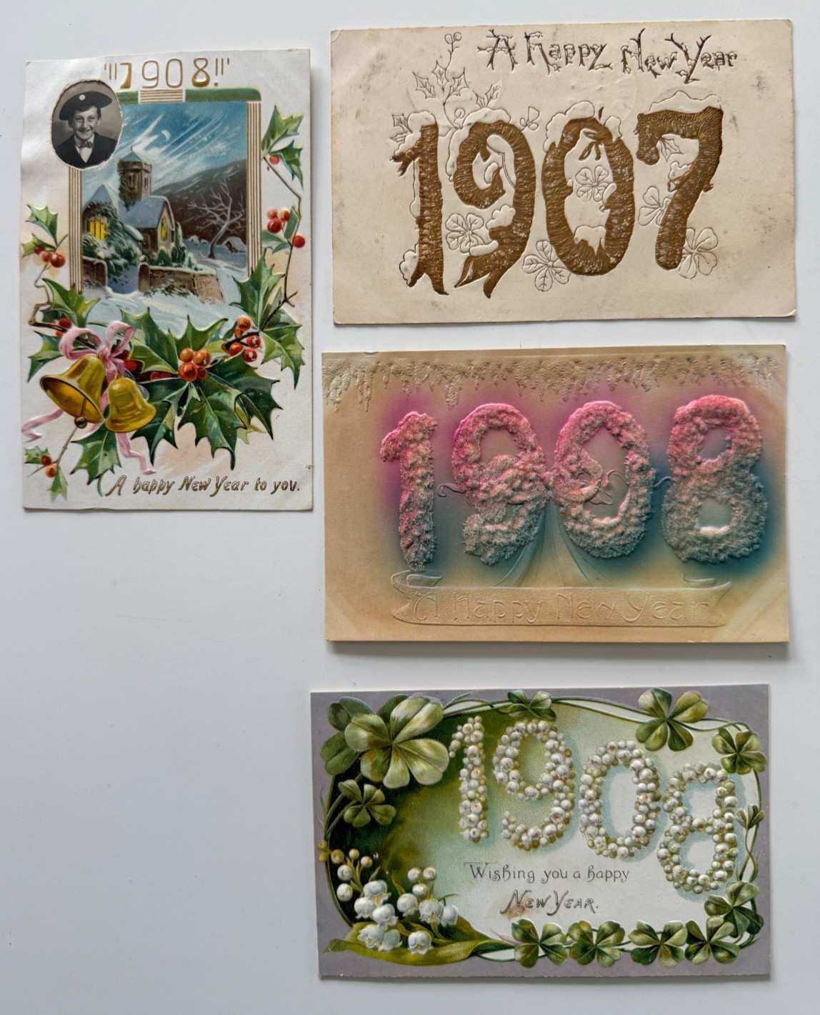 Lot (4) Vintage 1907/1908 Postcards Happy New Year Greetings antique embossed