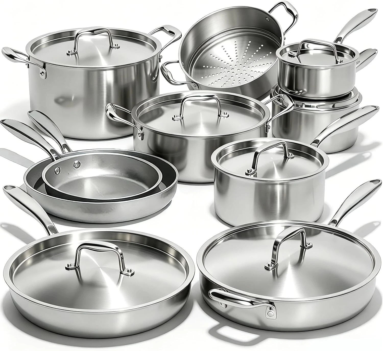 17Pcs 5 Ply Clad Stainless Steel Cookware Set with Lids, Heavy Duty Pots and ...