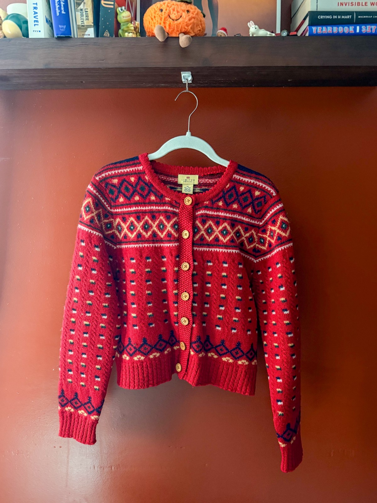 Vintage Limited America Cardigan Sweater Women\'s Size Medium Red Wool Fair Isle