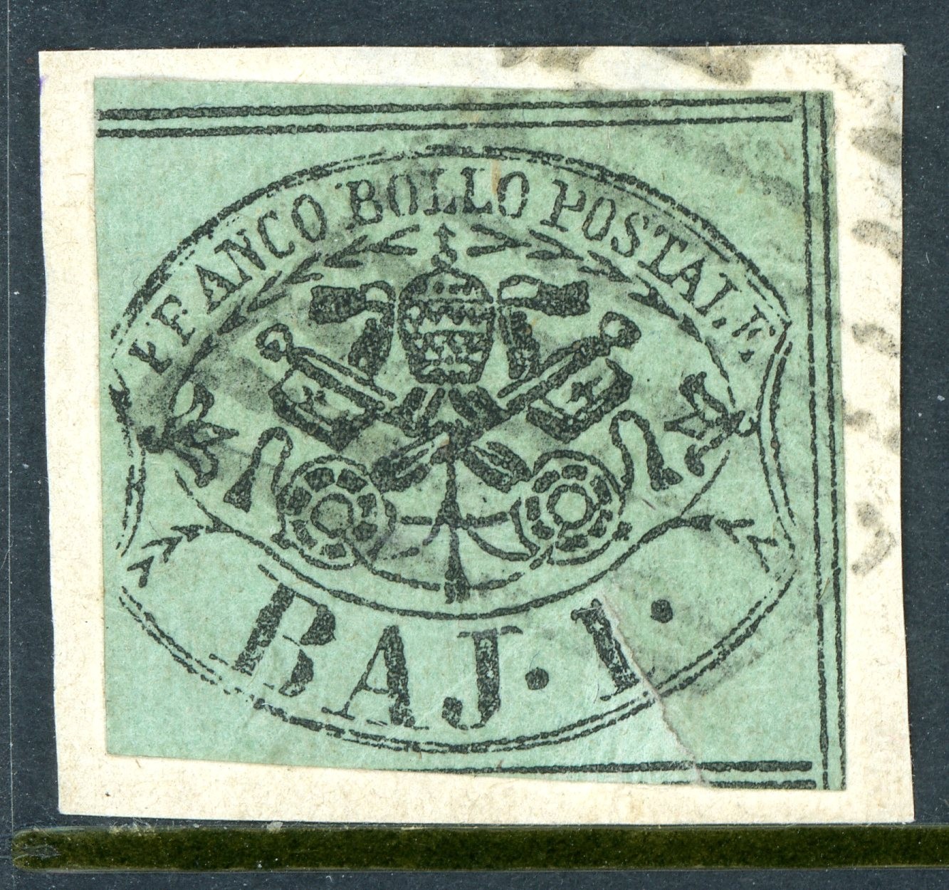 Italy 1852 Roman States 1b Blue Green Scott #2a VFU O346 Italy 1852 Roman States 1b Blue Green Scott #2a VFU O346