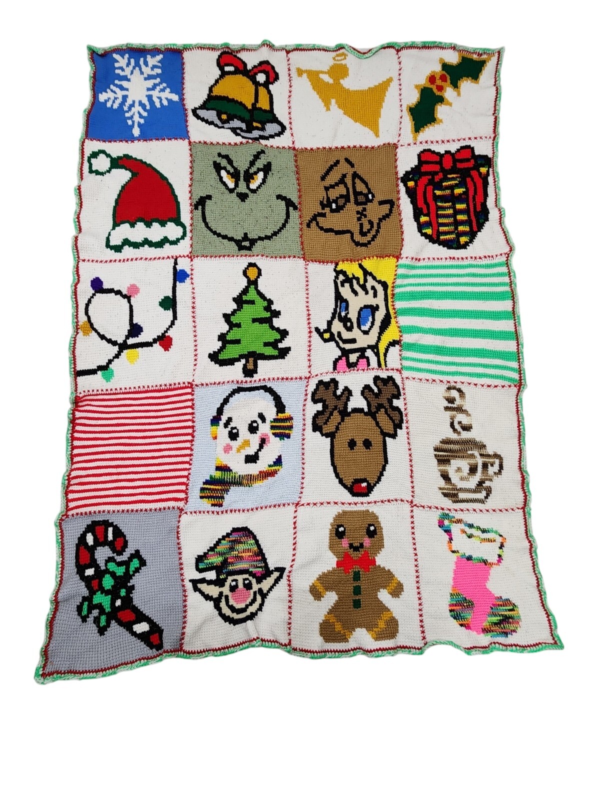 Vintage OOAK Grinch & Christmas Character Squares 72x54 Crocheted Blanket Throw