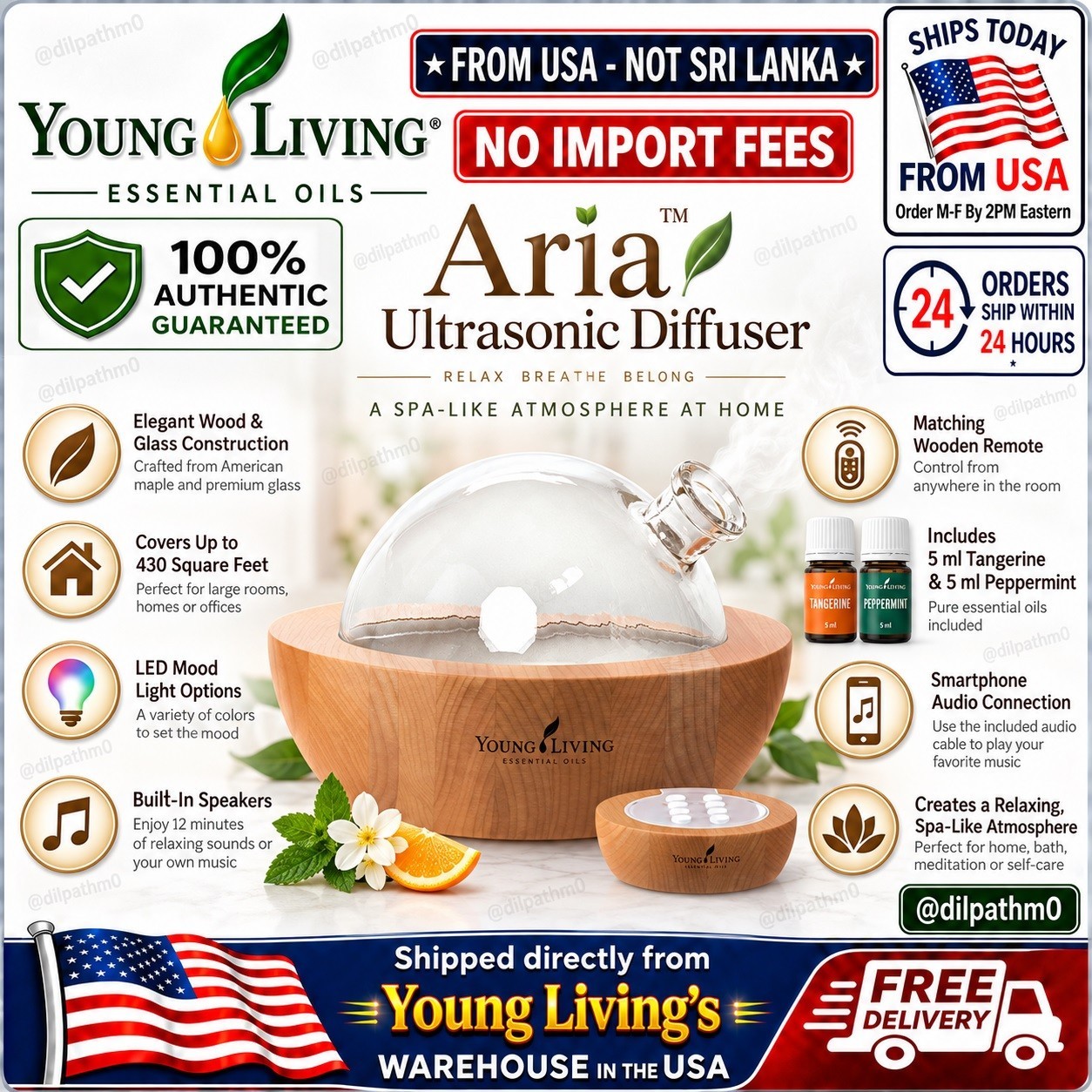 Young Living Essential Oils 4524 Aria Ultrasonic Diffuser -New Sealed🚚FromUSA🚚