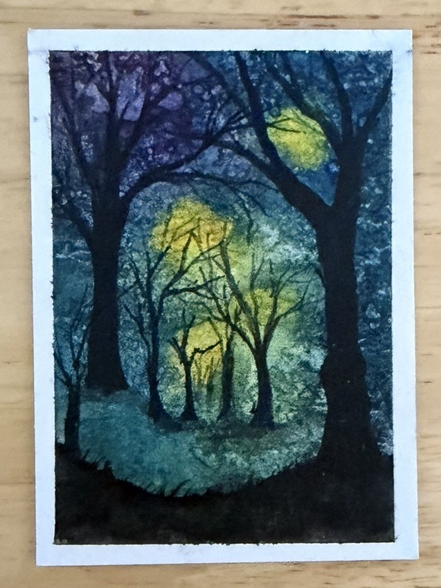 ACEO Original Watercolor Painting Nature Night Sky Dark Forest 2.5 X 3.5