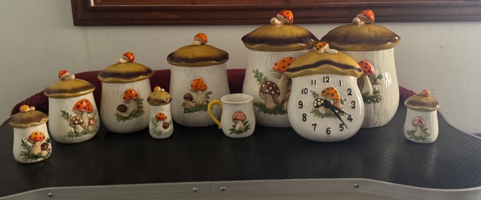 Vintage Sears Roebuck Merry Mushroom canisters W Clock 1978 Japan Vintage Sears Roebuck Merry Mushroom canisters W Clock 1978 Japan