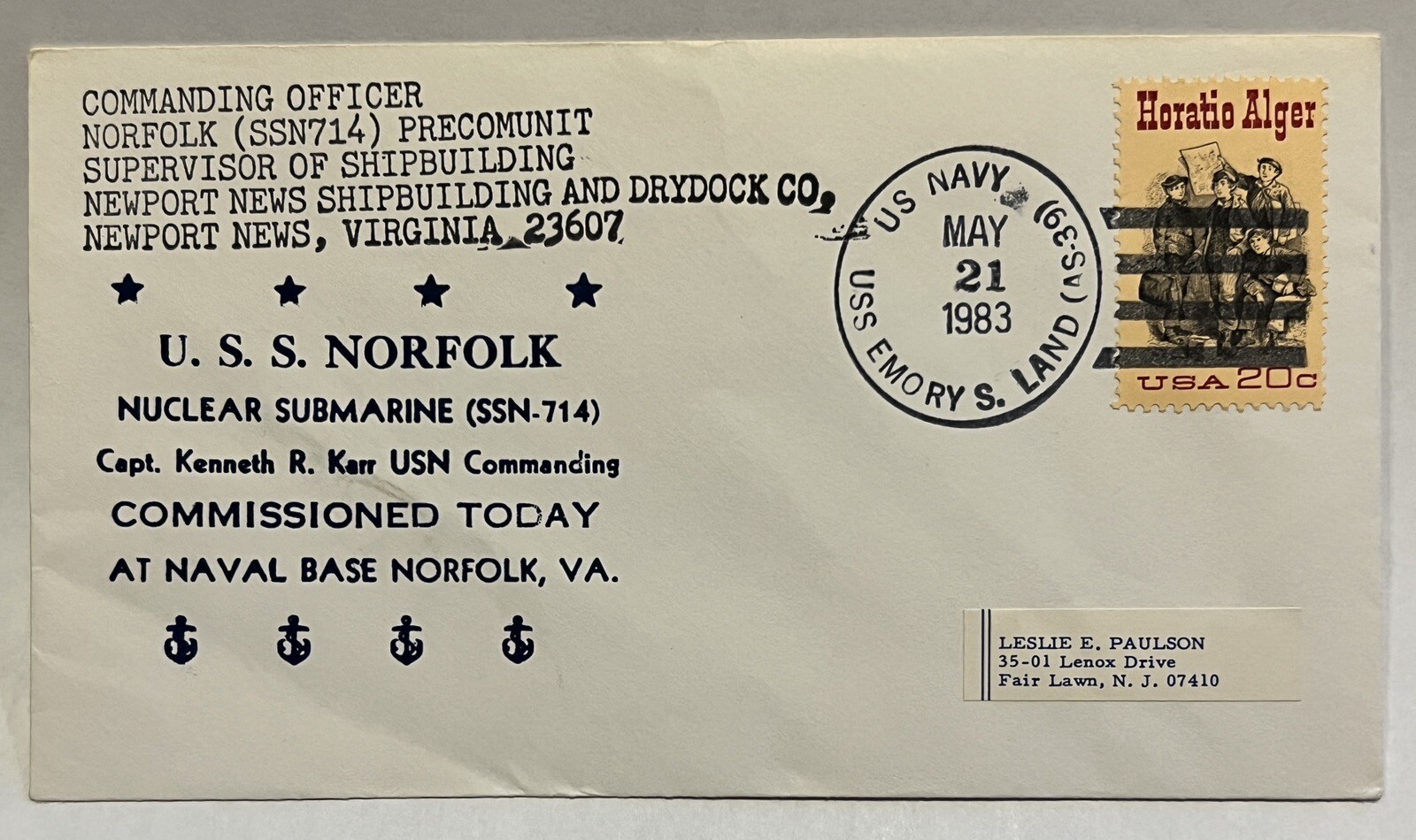 1983 USS EMORY S. LAND NUCLEAR SUBMARINE COVER NEWPORT NEWS SHIPBUILDING DRYDOCK