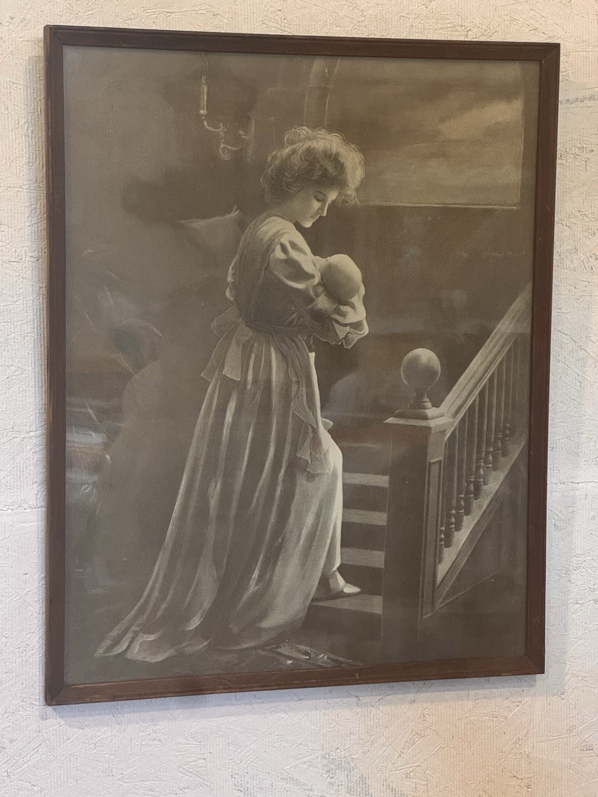 Antique 1906 Print Litho Young Mother Holding Baby Infant on Stairs Framed