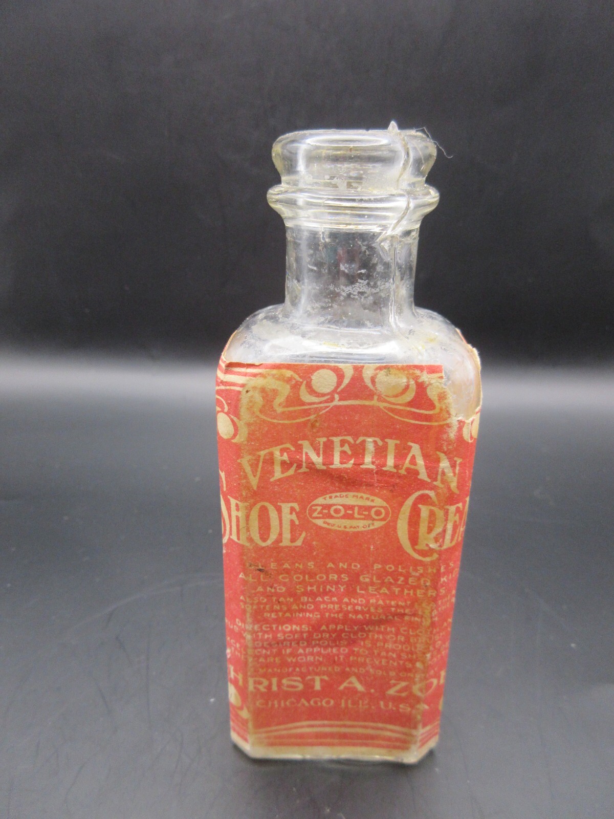 RARE Antique 1930s Venetian Shoe Cream Glass Bottle Z-O-LO Brand Dressing Empty RARE Antique 1930s Venetian Shoe Cream Glass Bottle Z-O-LO Brand Dressing Empty