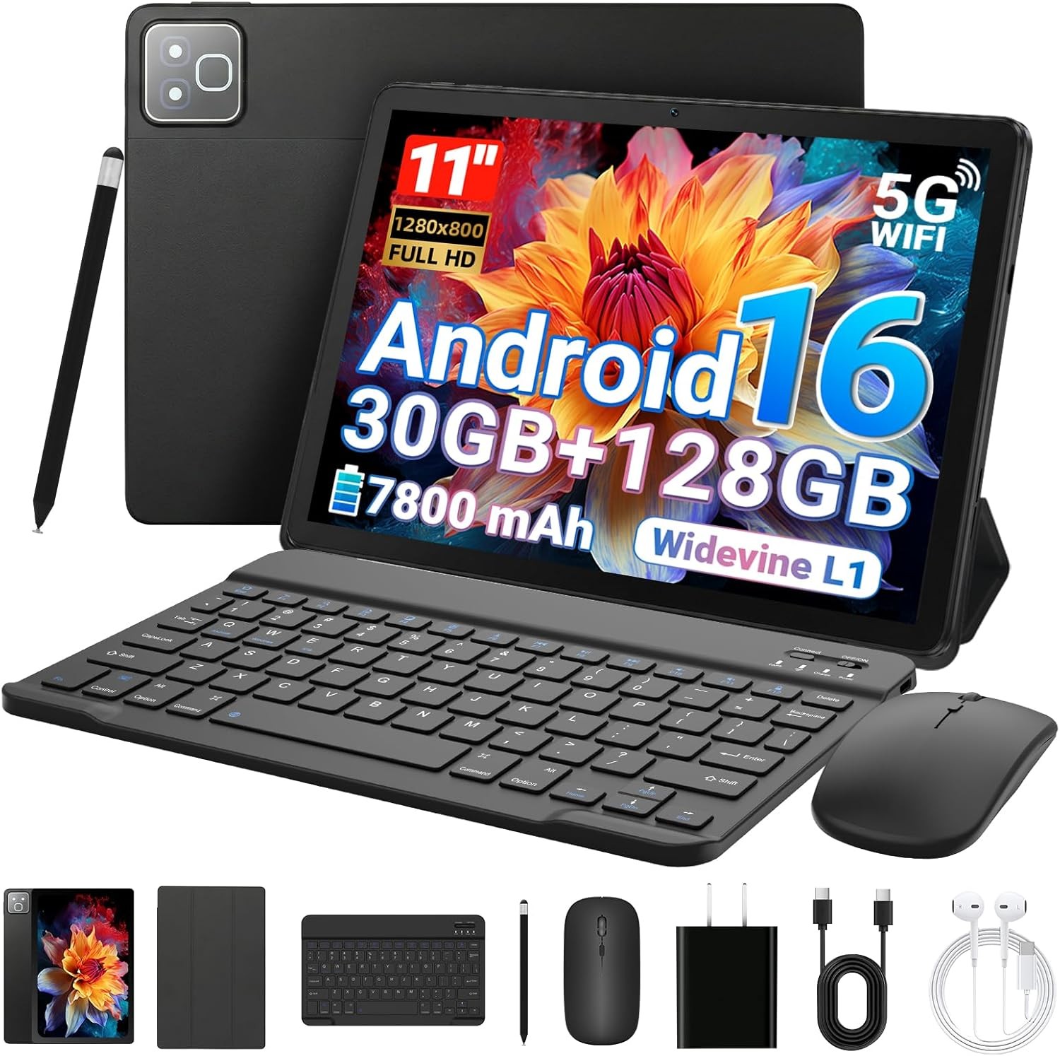 Android 16 Tablet 11 inch 30GB RAM 128GB ROM 7800mAh WiFi 6 BT 5.4 Dual Camera