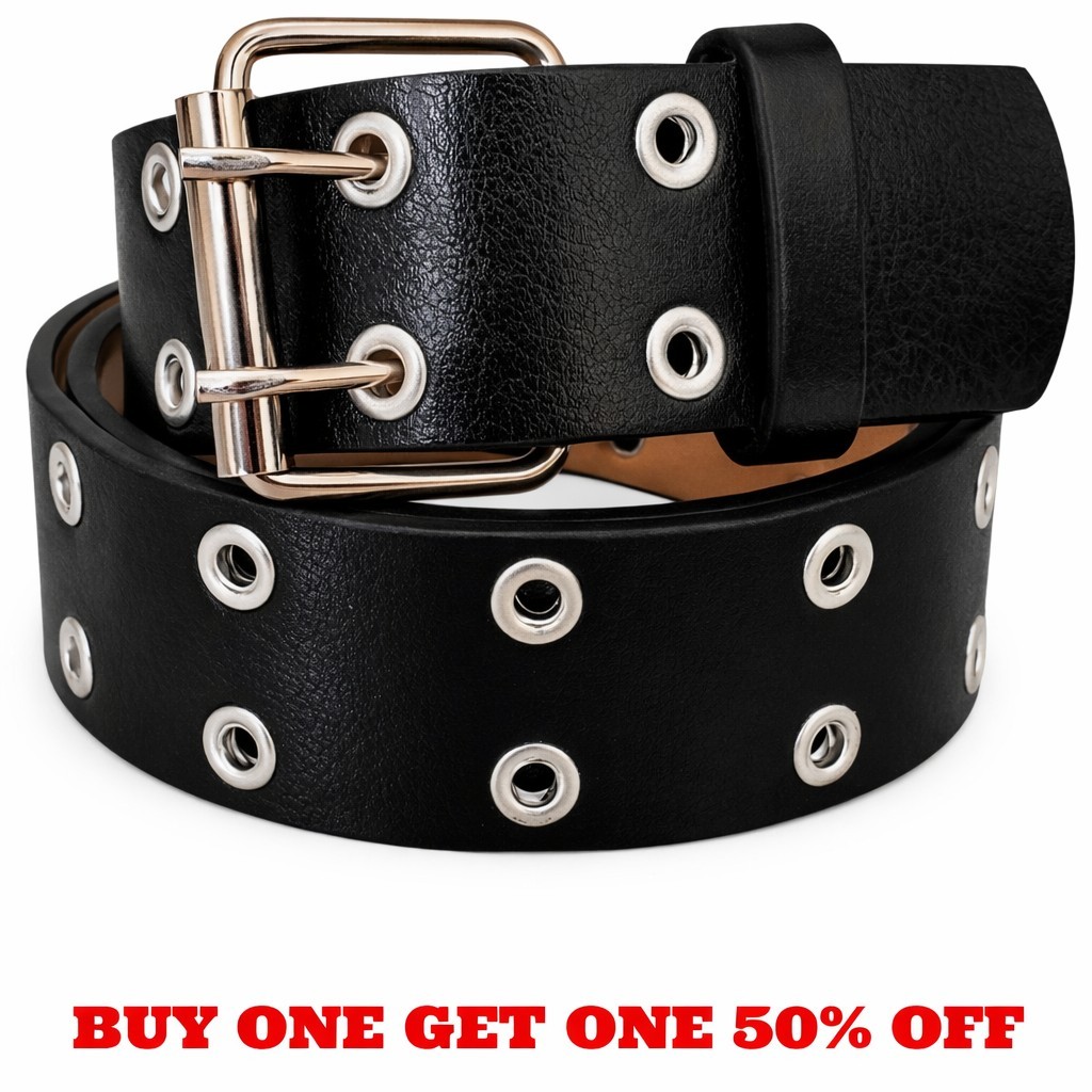 Men\'s Women\'s Leather Two Rows Silver Grommet Double Holes Black Belt All Sizes