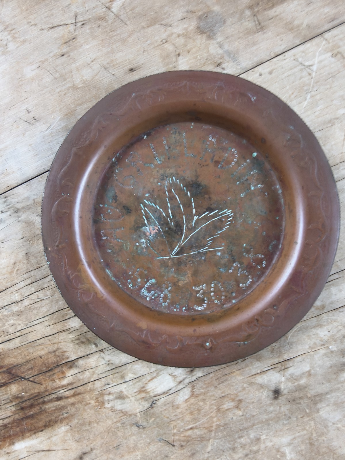 Vintage Hand Punched Copper Dish Engraved Frond Inscribed Folk Art Plate 12cm
