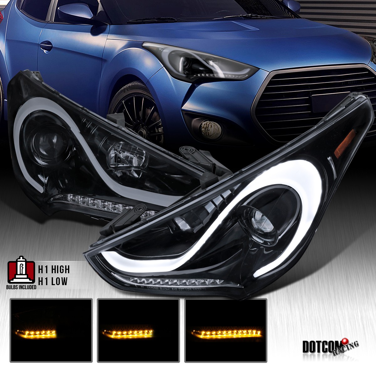 Fit 2012-2017 Hyundai Veloster Smoke Projector Headlights Sequential LED Signal