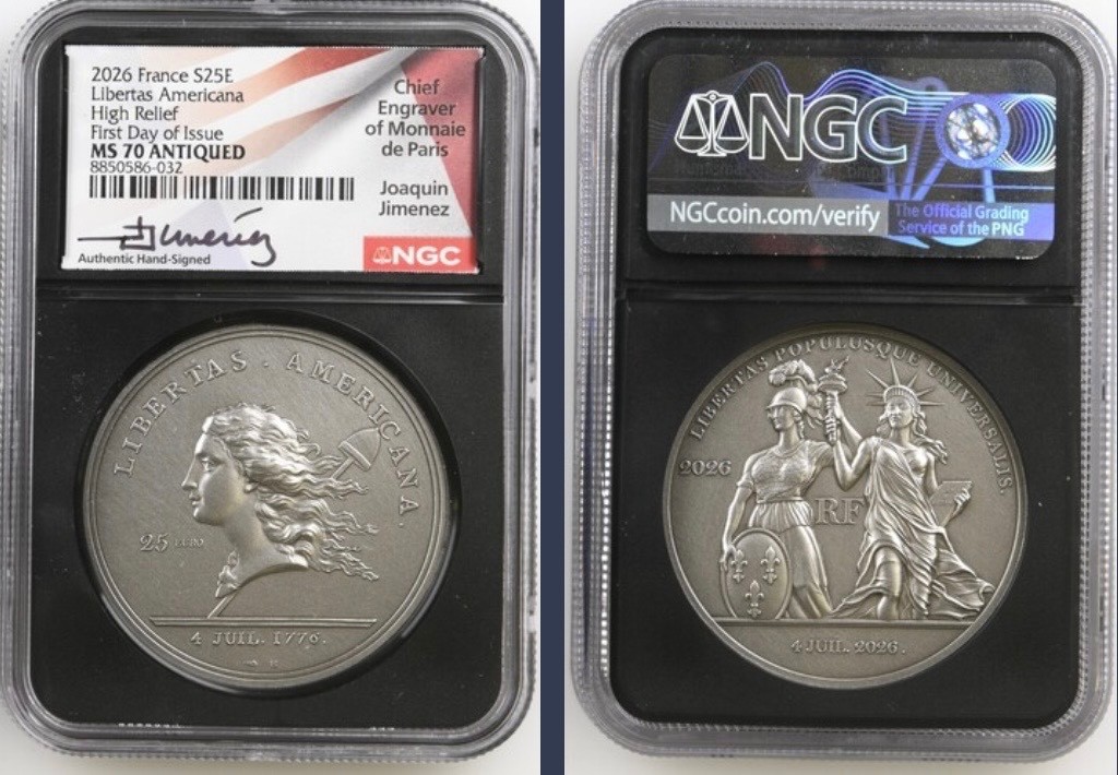 2026 France 25 Euro LIBERTAS AMERICANA 2 Oz Silver  NGC MS 70 ANTIQUED FDOI 🇫🇷