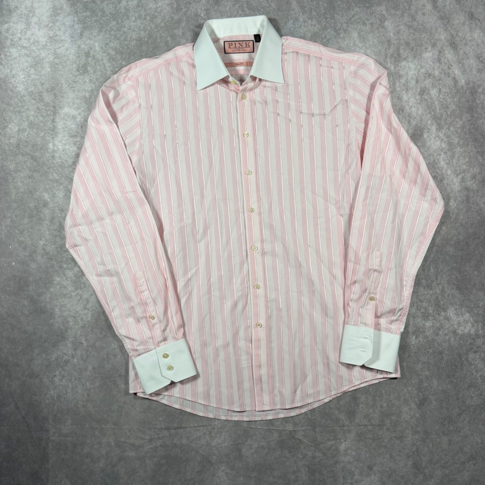 Thomas Pink Mens Slim Fit Dress Shirt Pink White Stripe Contrast Collar 16 41cm