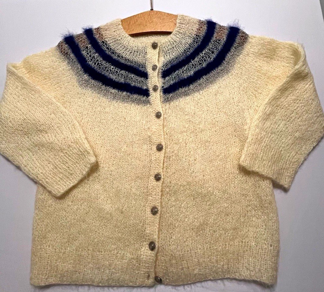 VTG 60s Cream Mohair Knit Cardigan Sweater Round Yoke Striped Fuzzy Shaggy 