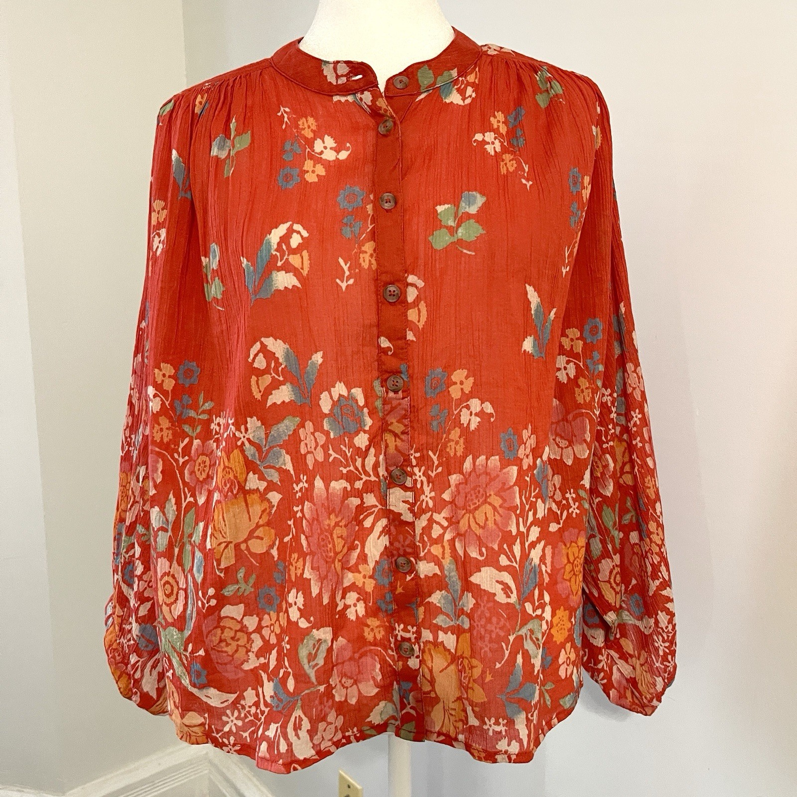 Anthropologie Pilcro Sidney Batwing Blouse Top Floral Button Front Boho Cotton Anthropologie Pilcro Sidney Batwing Blouse Top Floral Button Front Boho Cotton