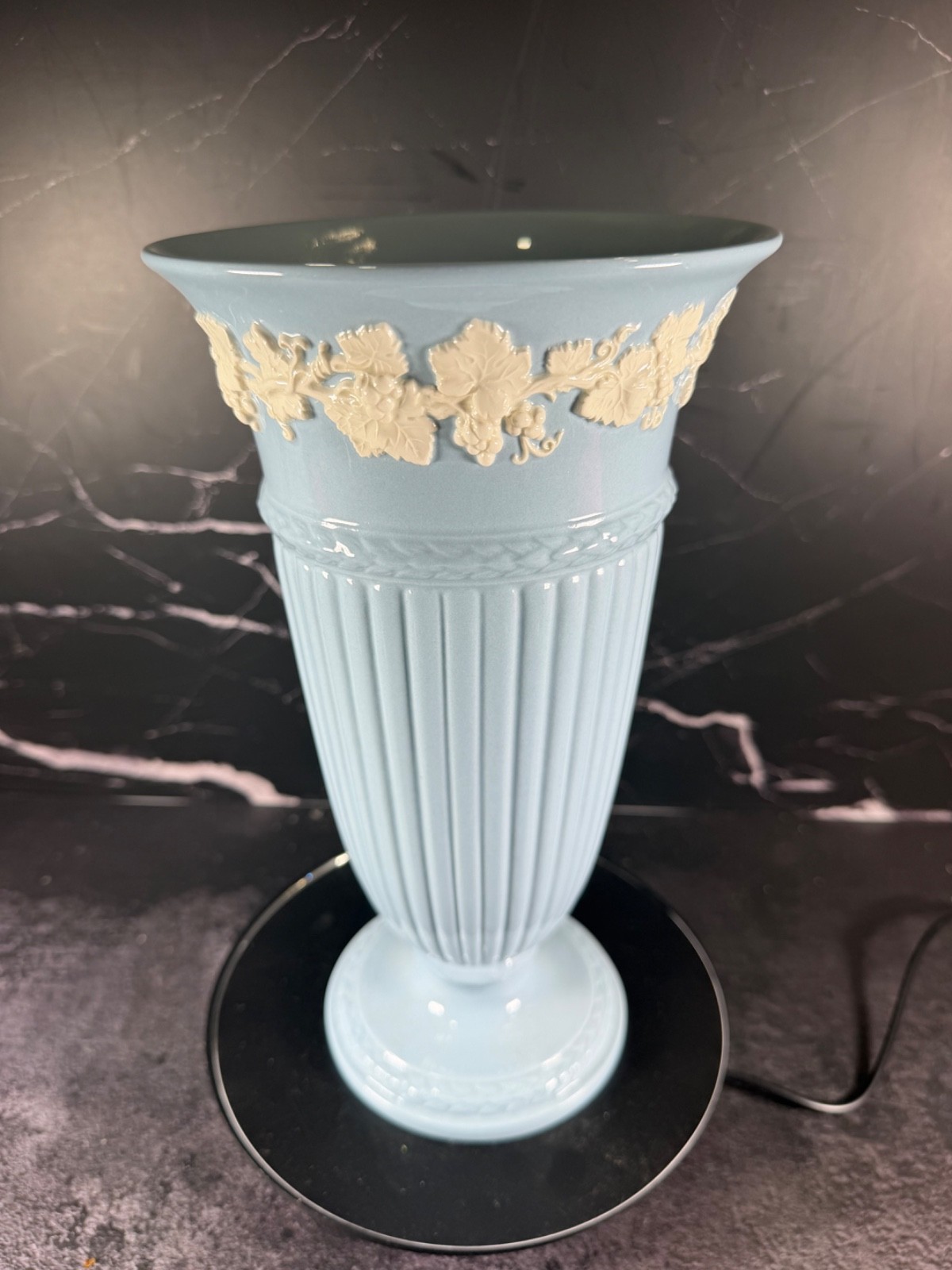 Wedgwood Embossed Queen’s Ware Blue Vase Grapevine Relief England APPROX 11”