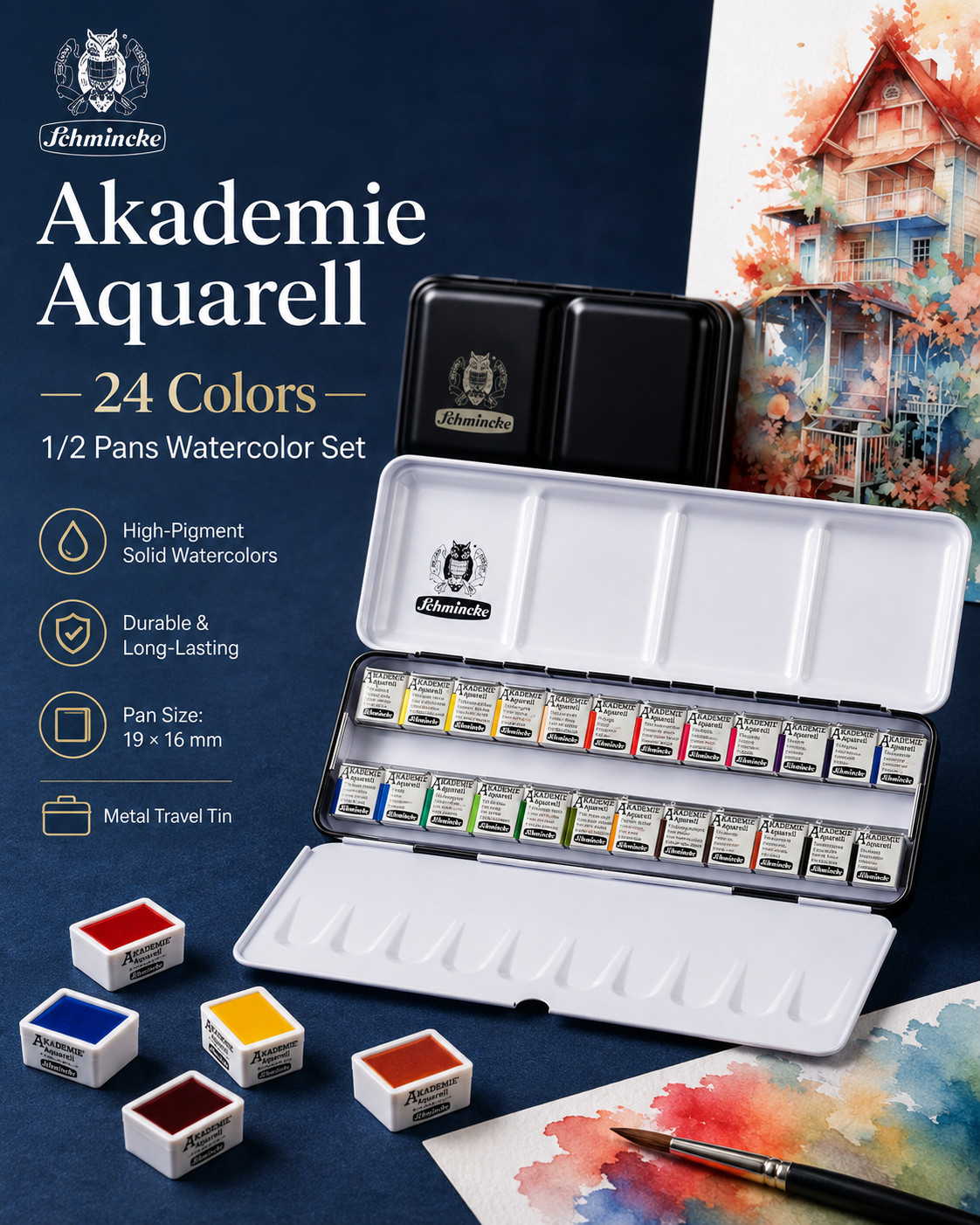 24-Color Schmincke - AKADEMIE®AQUARELL Watercolor Box, 1/2 Pan, 75242