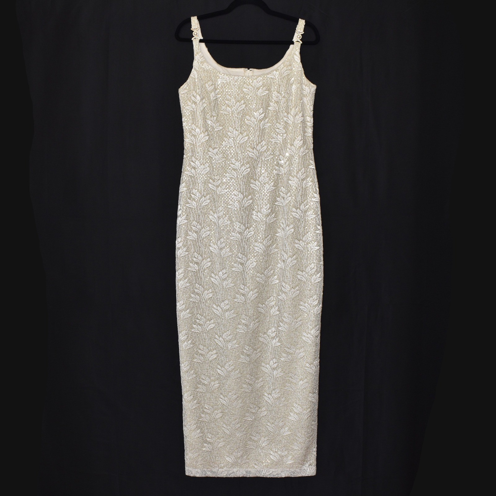 Betsy & Adam Vintage Lace Sequin Maxi Dress Cream Gold Pearl Straps Size 12 Betsy & Adam Vintage Lace Sequin Maxi Dress Cream Gold Pearl Straps Size 12