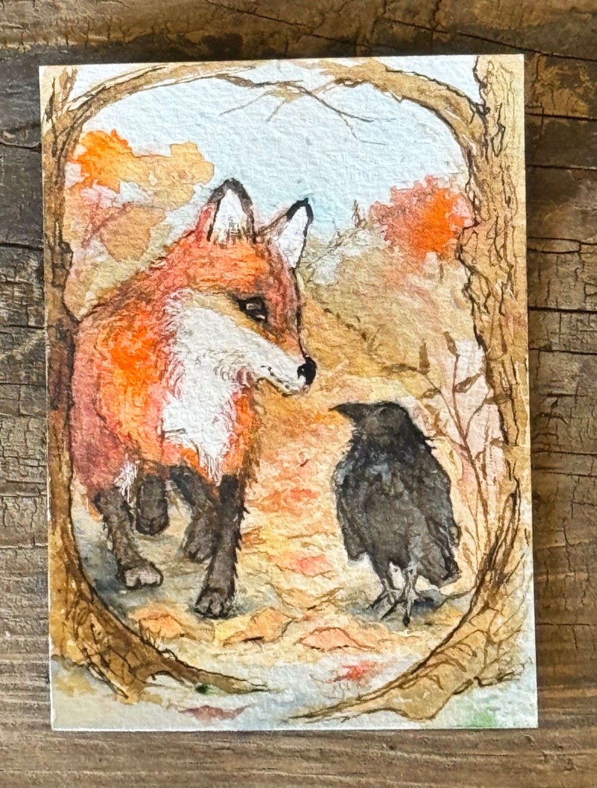 Origional Watercolor  ACEO Fox and the Crow signed by artist Edith Schmidt
