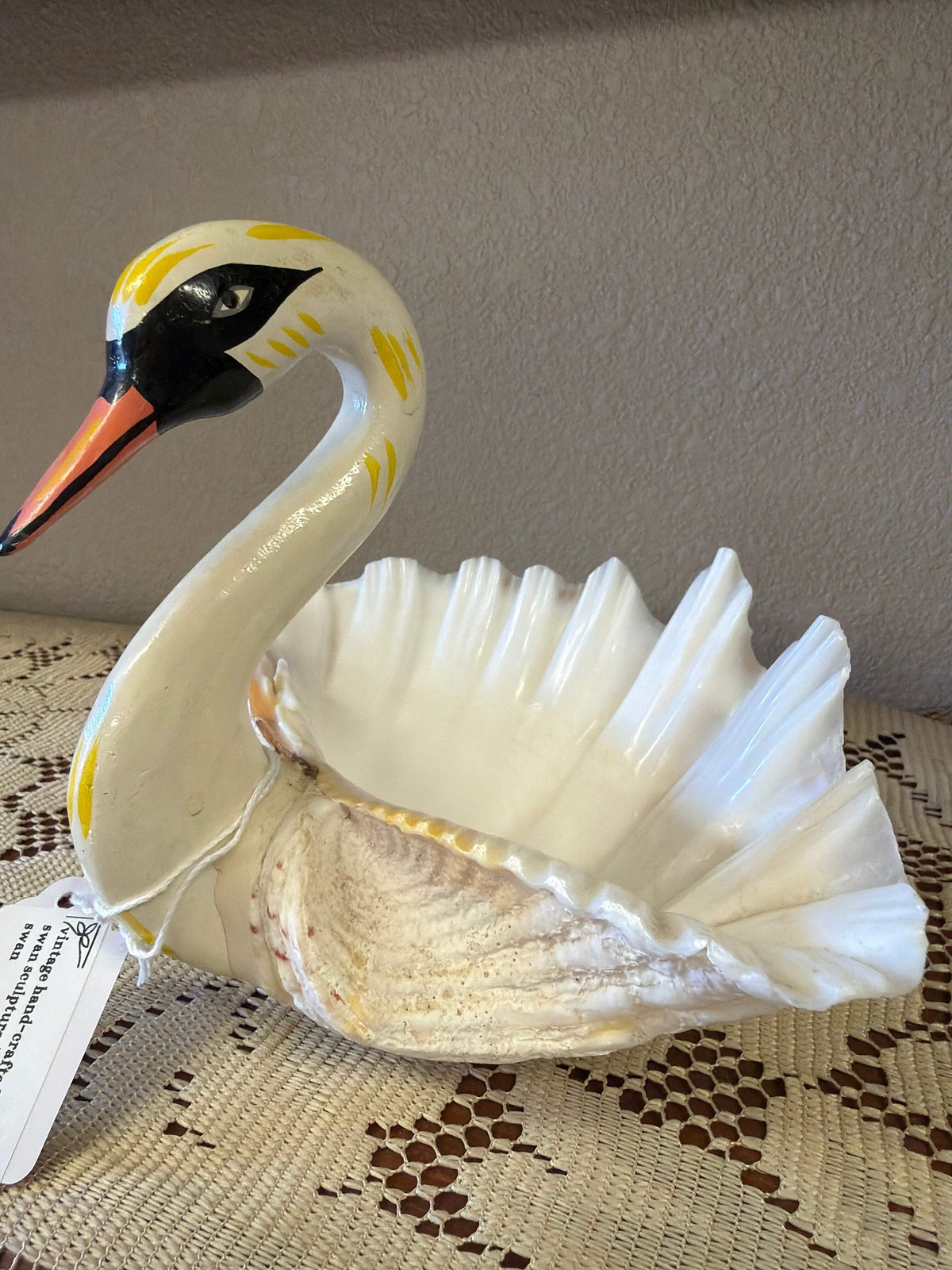 Vintage handcraft, seashell, swan, sculpture, folk art