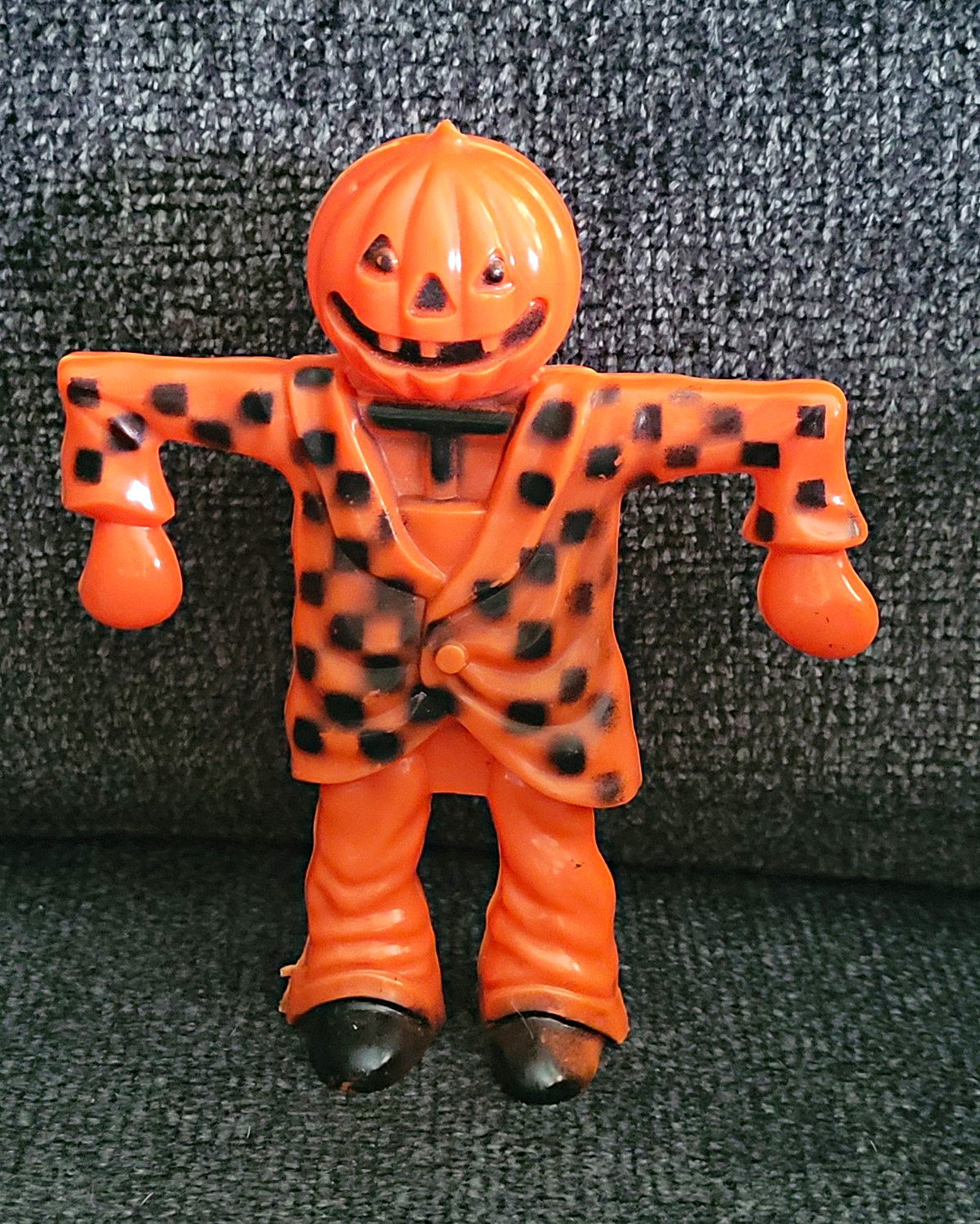Vintage 50s Halloween ROSBRO Hard Plastic Scarecrow Jumping Jack Candy Holder