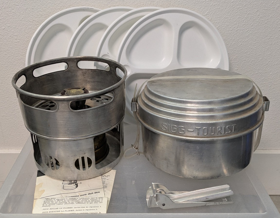 Vintage Svea 123 Camp Stove Set w/ Sigg Tourist Cook Pot, Pan, Handle & Plates