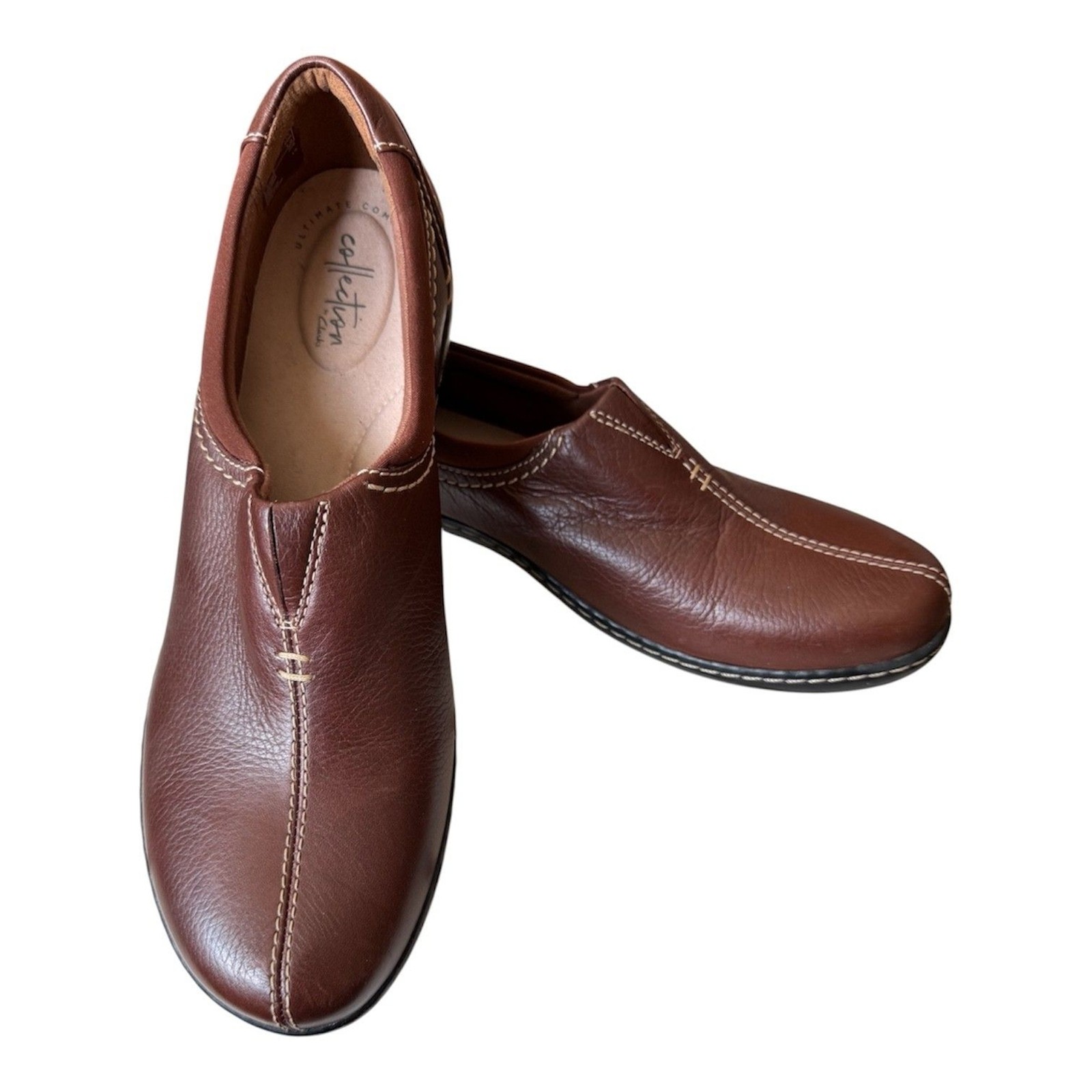 Clarks Women\'s Ashland Joy 10N Loafer Brown Leather Slip-On Ortho Clog Shoes