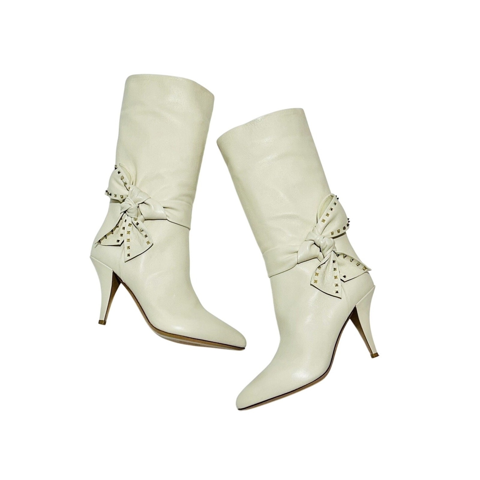 NIB Valentino Garavani Rockstud Bow 39.5 US 9.5 Mid Boots Off White Ivory $1,900