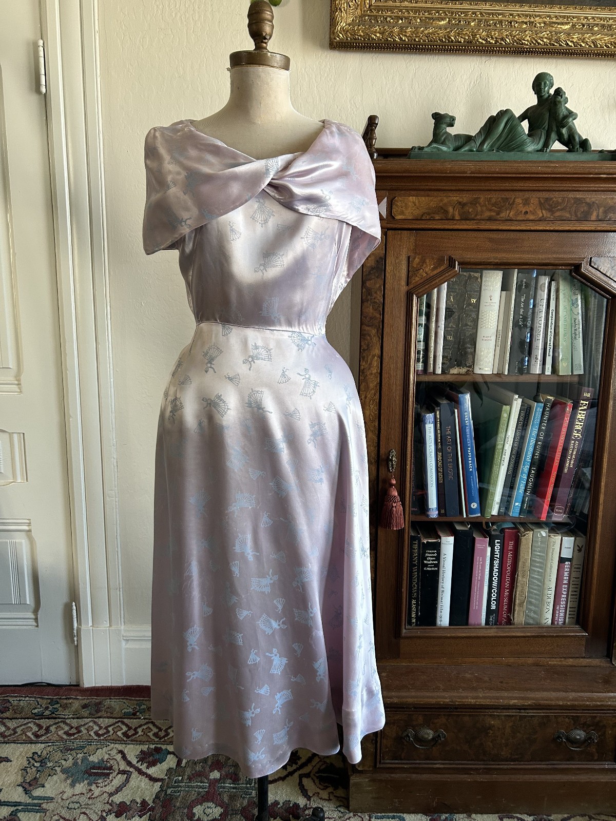 Vintage 1930s 1940s Pale Pink Lavender Liquid Satin Printed Cowl Dress S/M