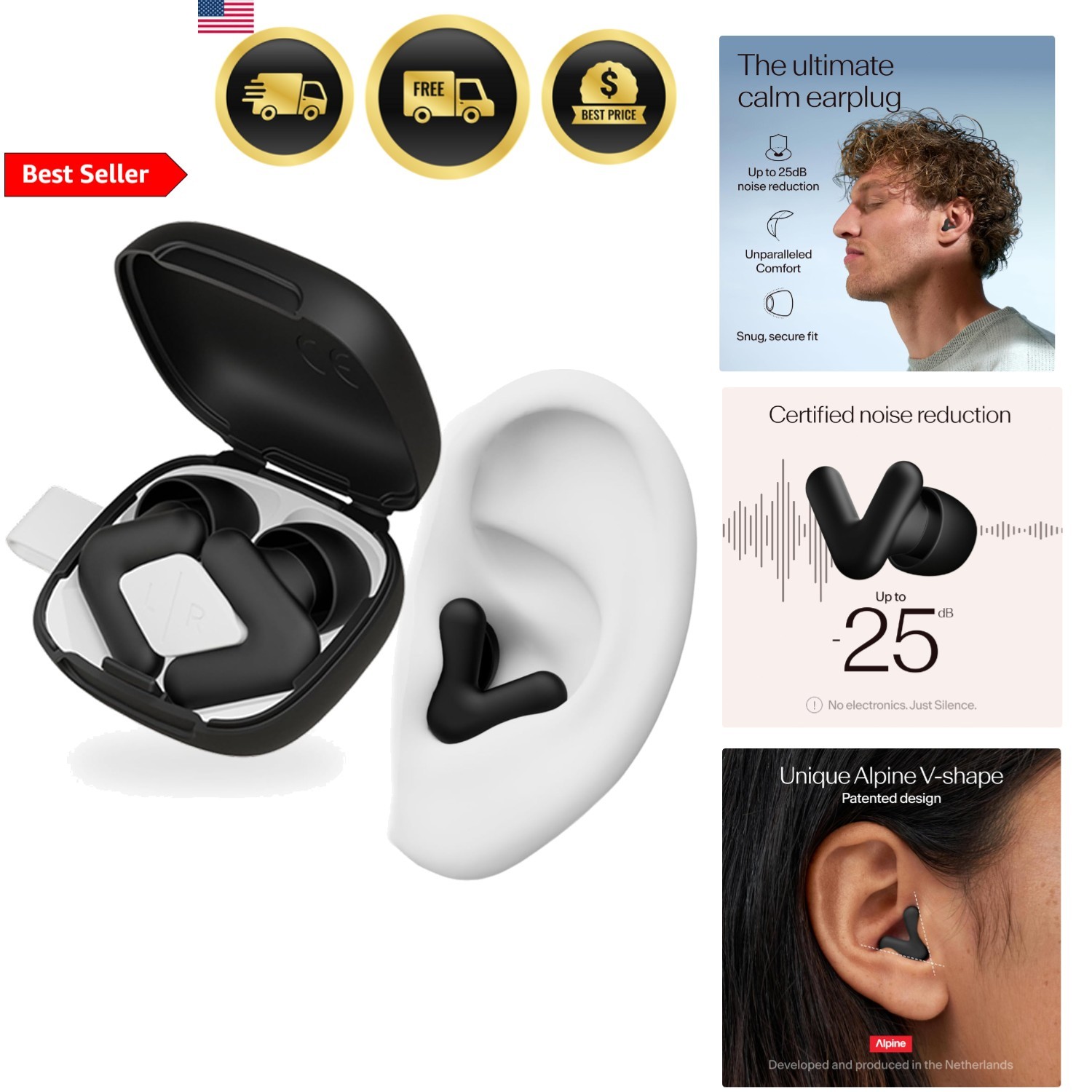 Alpine Silence Earplugs for Sleep, Focus & Travel - V-Shape Snug Fit & Soft O...