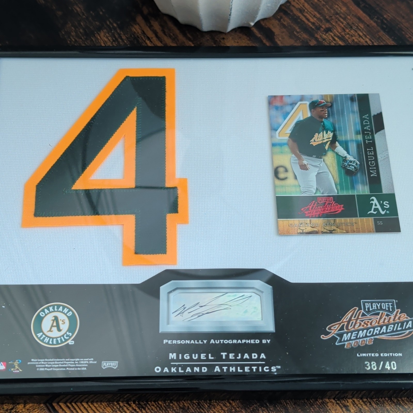 2002 Playoff Absolute Memorabilia Miguel Tejada Oakland A's Auto Plaque #38 /40