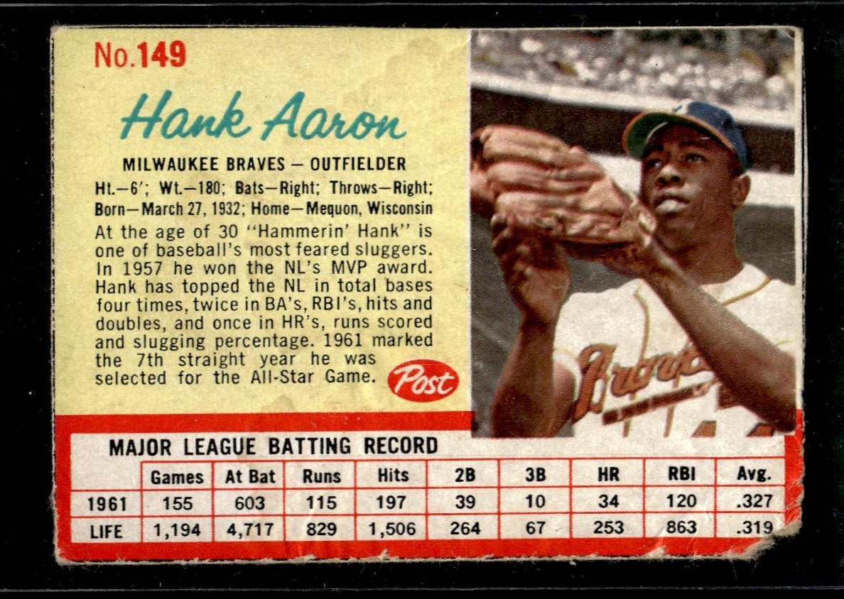 1962 Post Cereal Hand Cut Hank Aaron #149 Milwaukee Braves POOR 1962 Post Cereal Hand Cut Hank Aaron #149 Milwaukee Braves POOR
