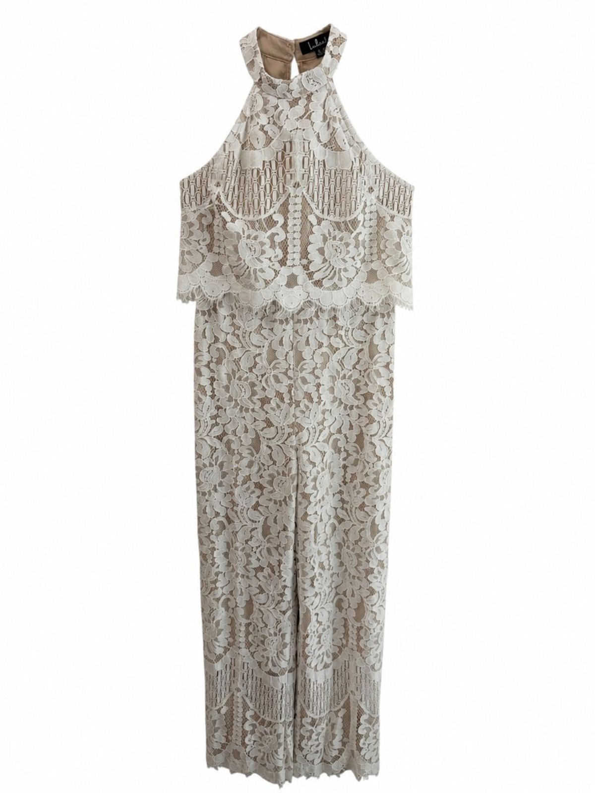 NWT Lulu\'s Boho Festival Western Wedding Britney White Lace Halter Jumpsuit (M)