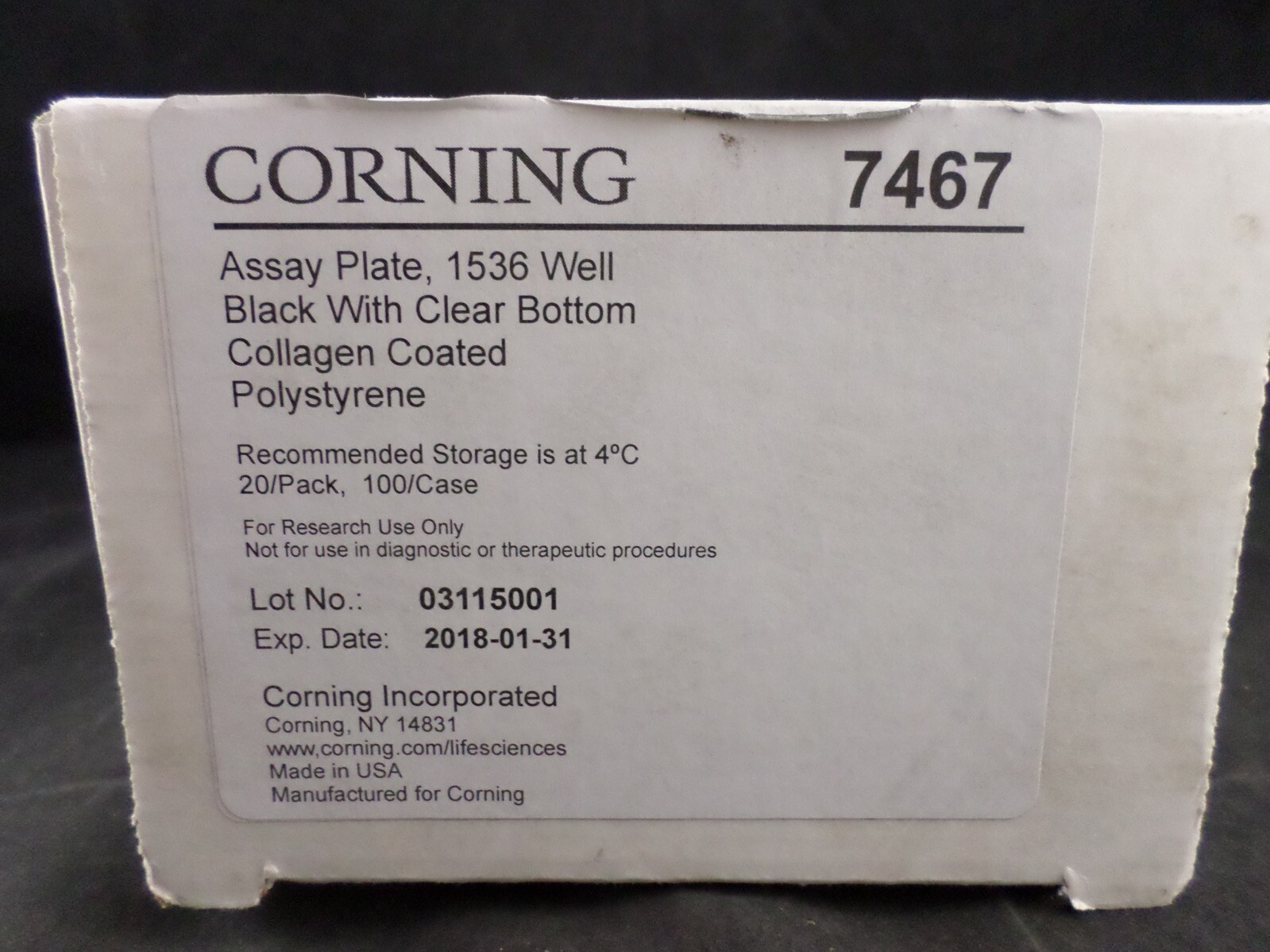 CORNING Plastic 1536-Well Micro Assay Plate Clear Bottom Collagen Coated 20/PACK