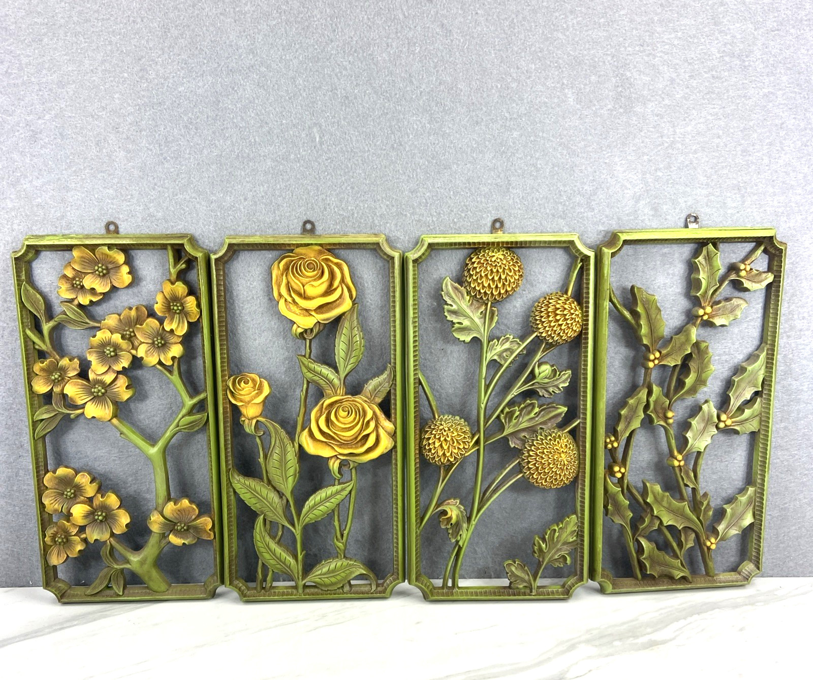 Set of 4 Vtg MCM Syroco Floral 4 Seasons Green Yellow Blossoms Roses Mums Holly Set of 4 Vtg MCM Syroco Floral 4 Seasons Green Yellow Blossoms Roses Mums Holly