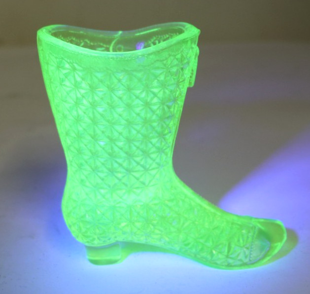 UV-Reactive Uranium Glass Victorian High Button Boot Figurine Green Unmarked