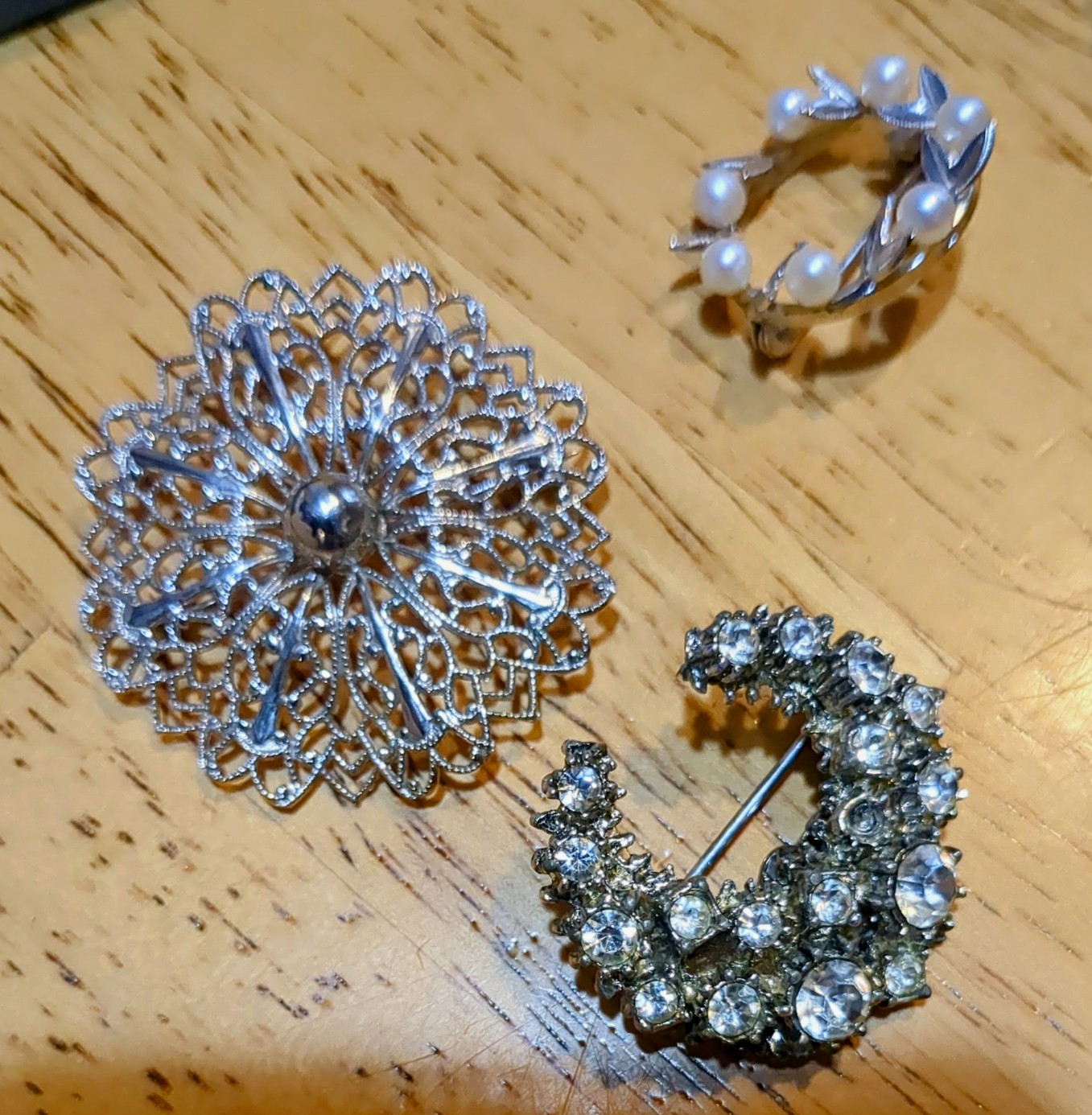 Vintage 3pc Silver-Tone Brooch Lot w/ Rhinestone Pins & Sim Pearl Ring