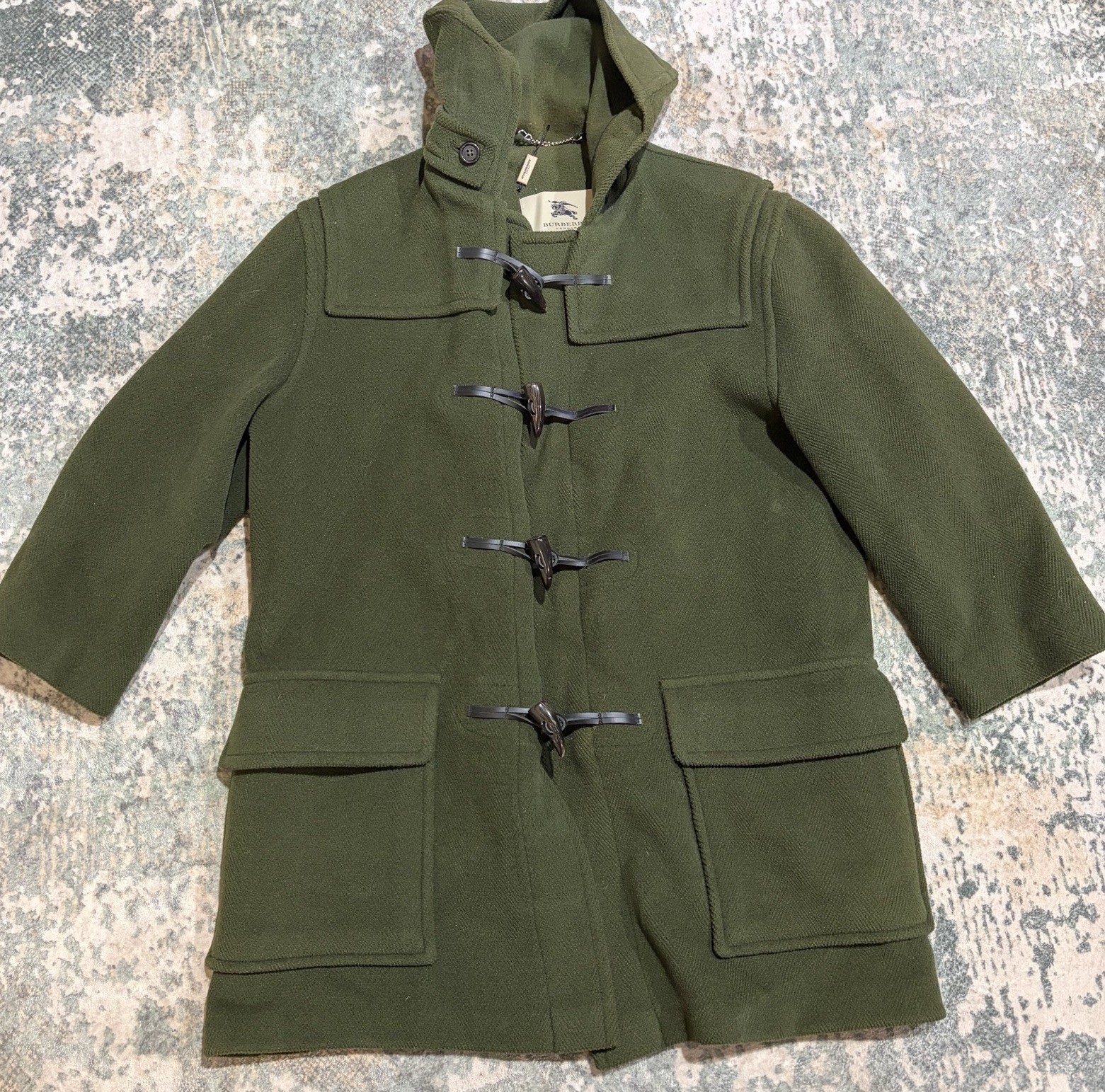 Vintage Burberry London Green Wool Duffle Coat Hooded Toggle Jacket 14XM / XS