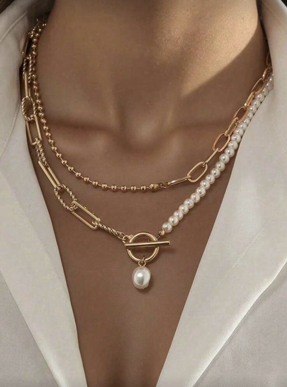 Vintage Baroque Pearl & Paperclip ChainNecklace - Elegant Toggle Clasp