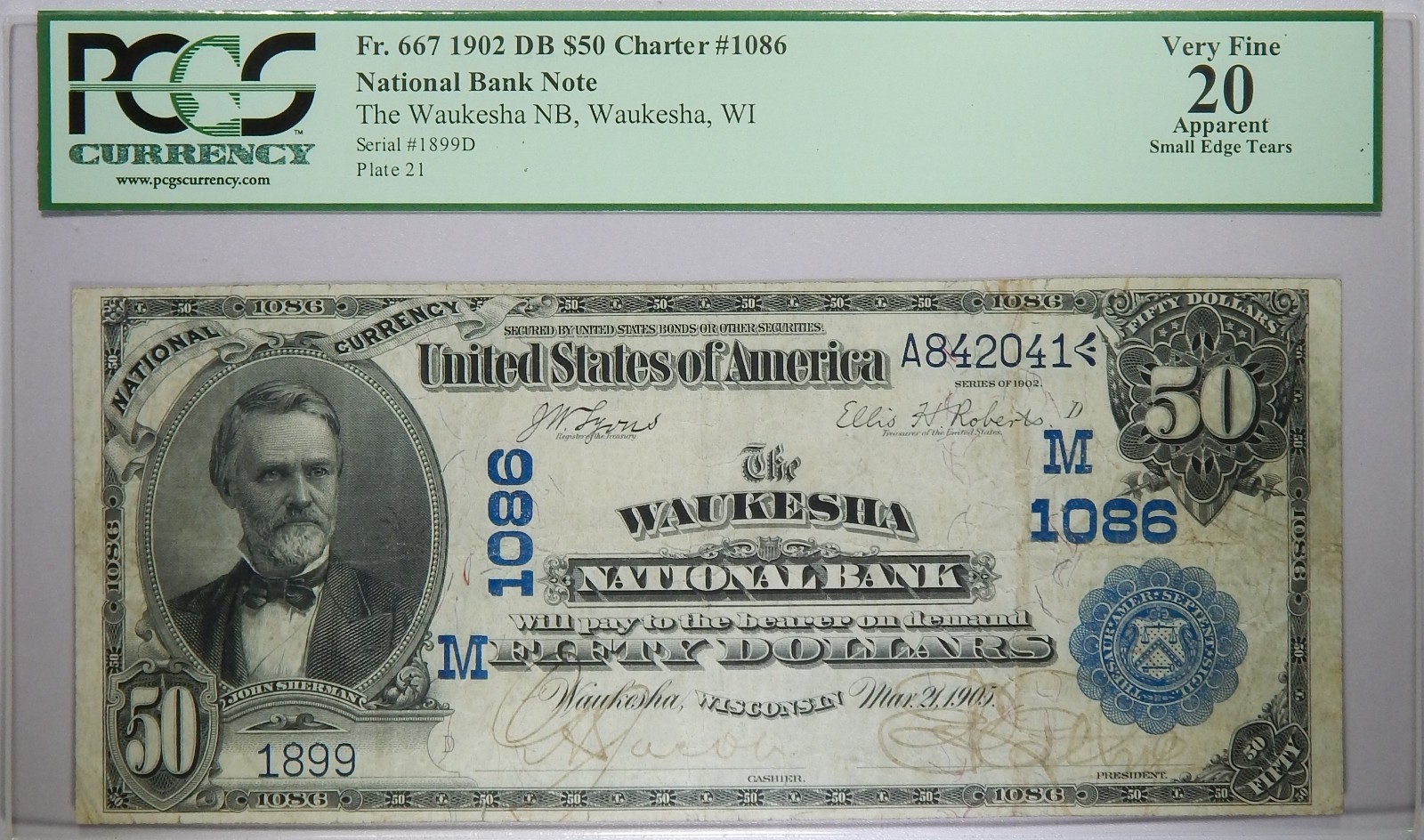 1902 Waukesha, WI Waukesha National Bank $50 Date Back PCGS 20 Details 1902 Waukesha, WI Waukesha National Bank $50 Date Back PCGS 20 Details