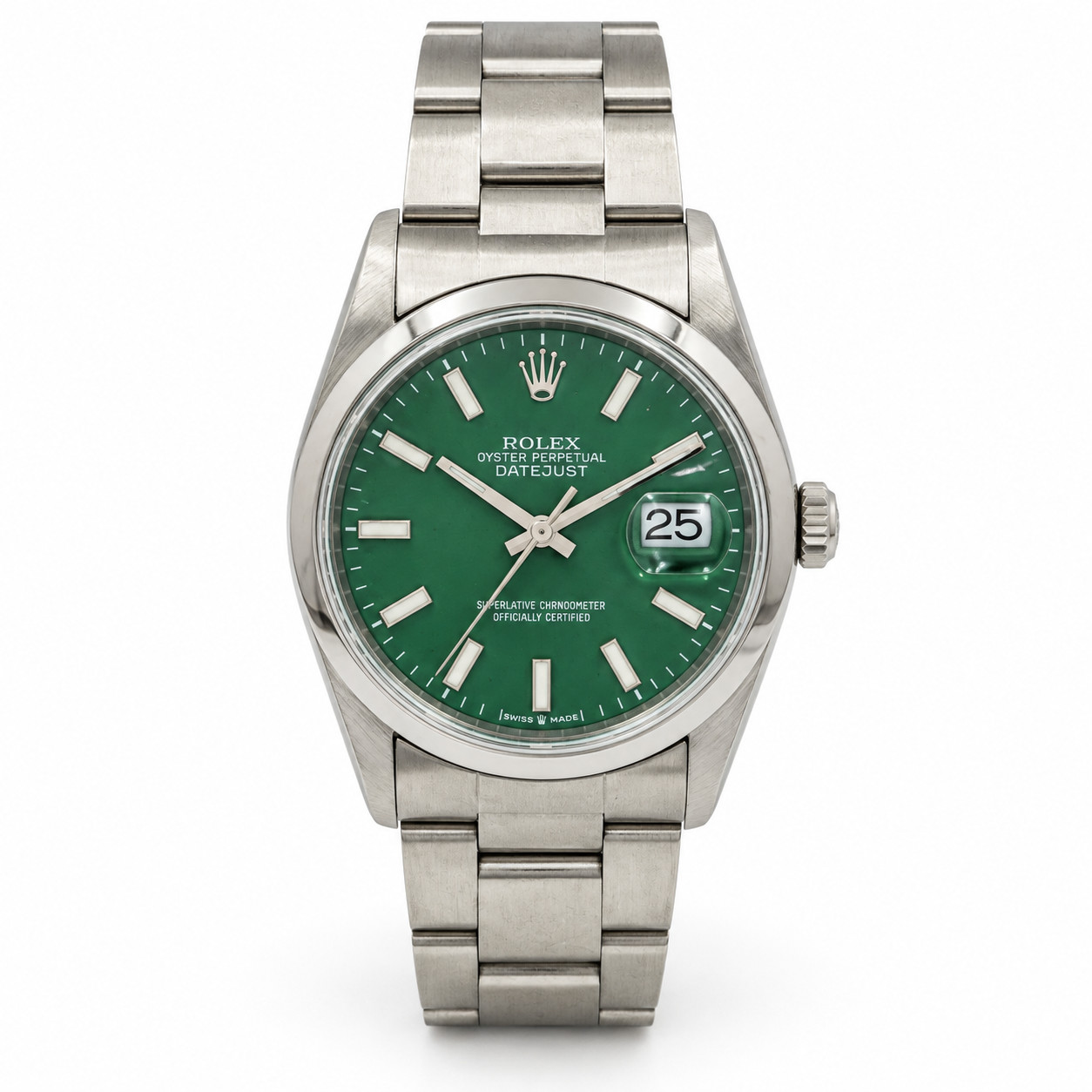 2000 Rolex 36mm DateJust Steel Watch with Green Dial and Smooth Bezel. (16200)