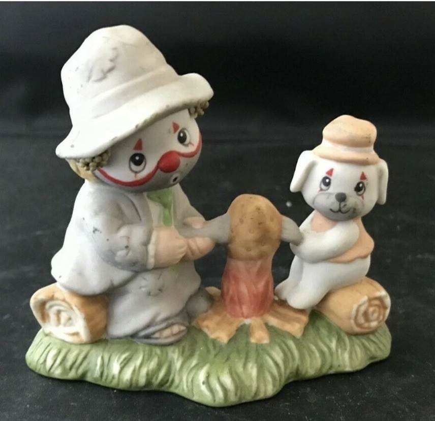 Vintage Enesco Lil Vagabond Clown Figurines Puppy Dog Camp Fire Gold Seal Malays