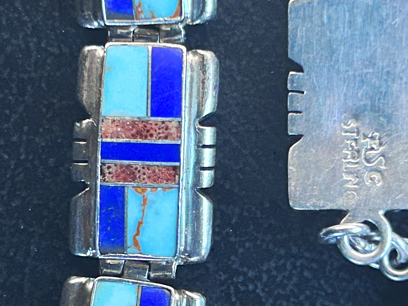 Vintage Signed Shawn Cayatineto Navajo Sterling Silver Multi-Stone Inlay Link Br