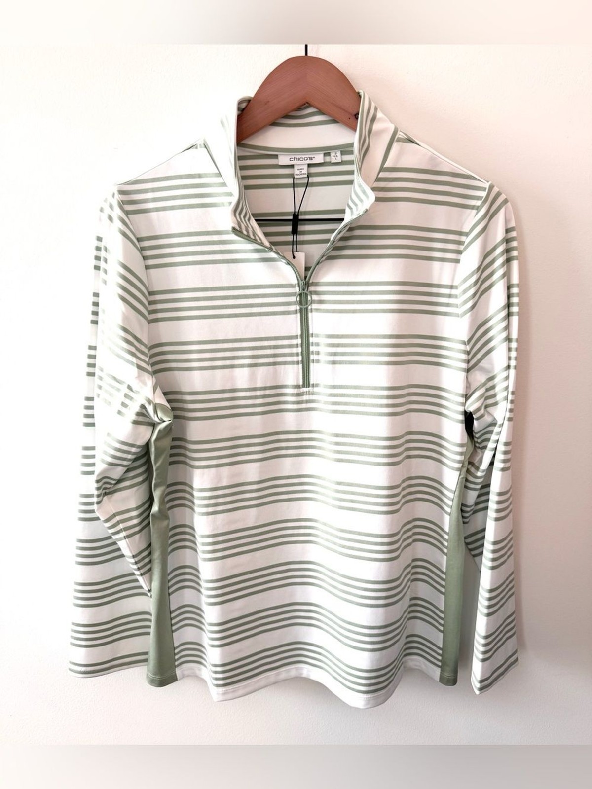 NWT Chico’s Zenergy UPF 50+ Stripe Half Zip Golf Top Moroccan Mint L NWT Chico’s Zenergy UPF 50+ Stripe Half Zip Golf Top Moroccan Mint L