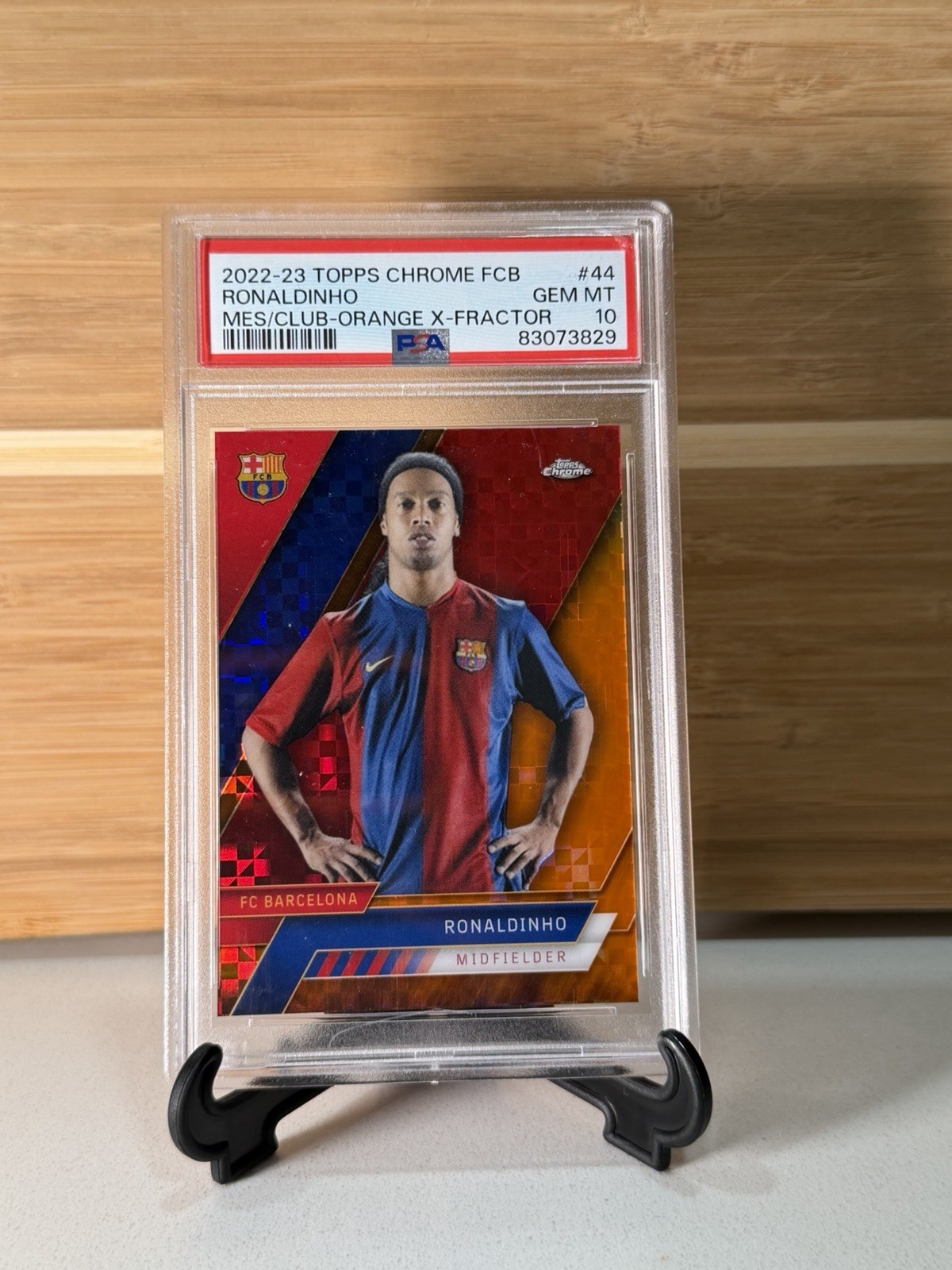 Topps 2022-23 Chrome FC Barcelona Ronaldinho #44 MES/Club Orange X /25 PSA 10